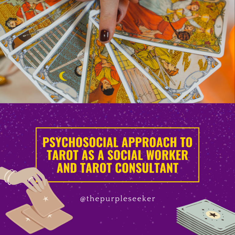 Hand holding tarot cards with title Psychosocial Approach to Tarot as a Social Worker and Tarot Consultant by The Purple Seeker